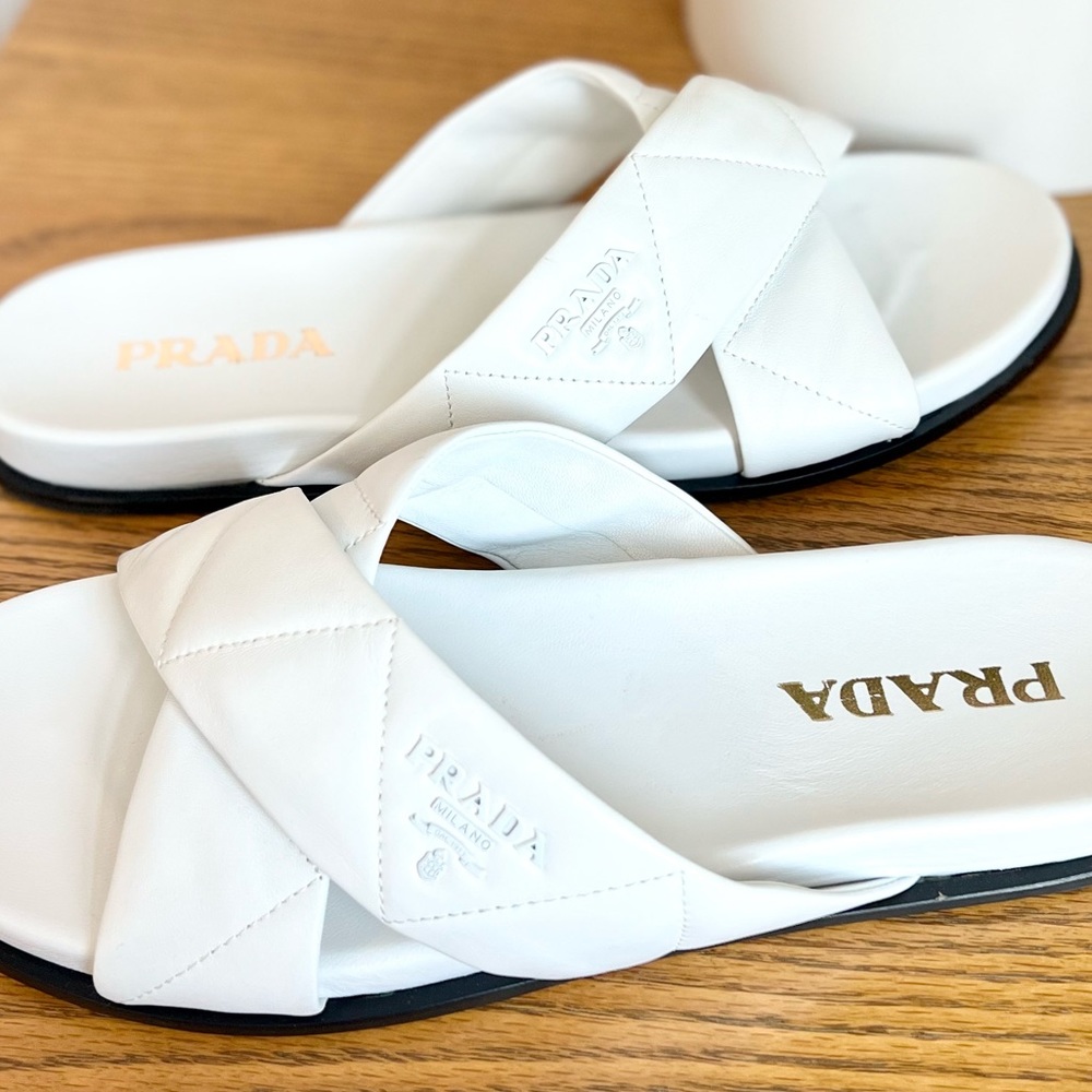 Prada White Leather Criss Cross Logo Sandals Slides NWOT 🤍🤍